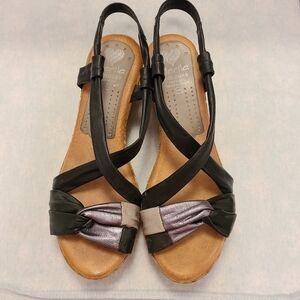 New Platform Open Toe Wedges Leather Slip On Strappy Sandals Black Silver Gray